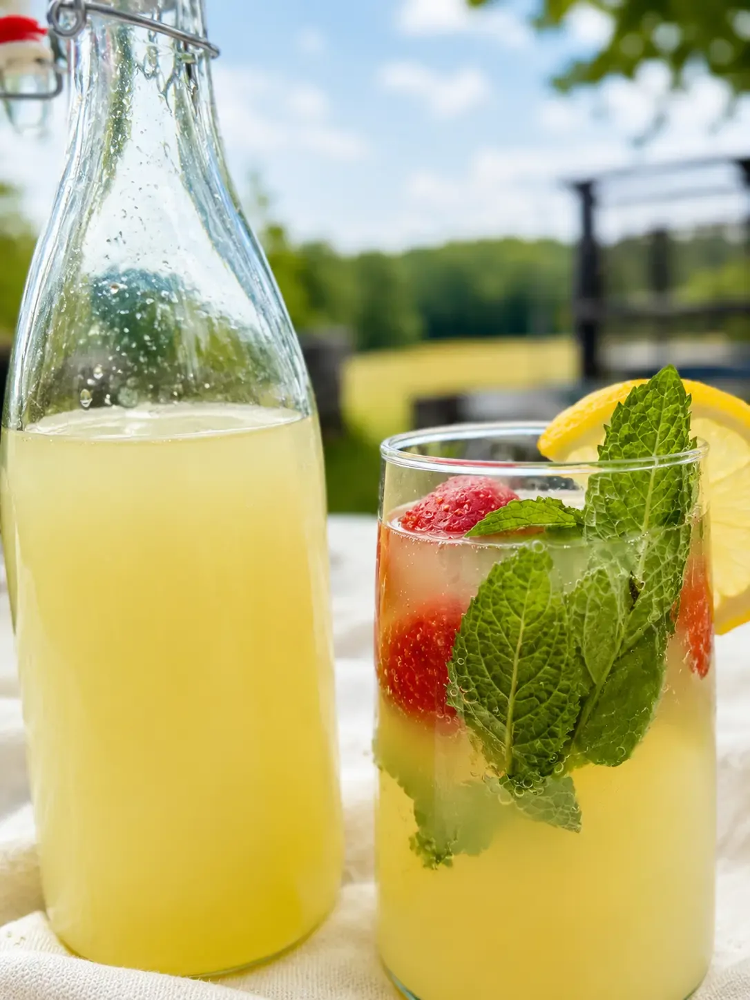 Lemoniada z Czarnego Bzu w butelce i w szkalnce podnbaa z miętą i truskawką